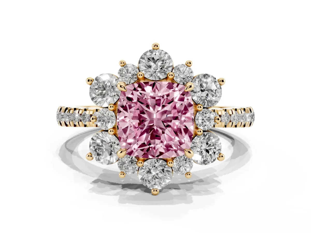 Fancy Pink Cushion Cut Diamond Floral Halo Ring with Round Pavé Band and Prong Setting Yellow gold