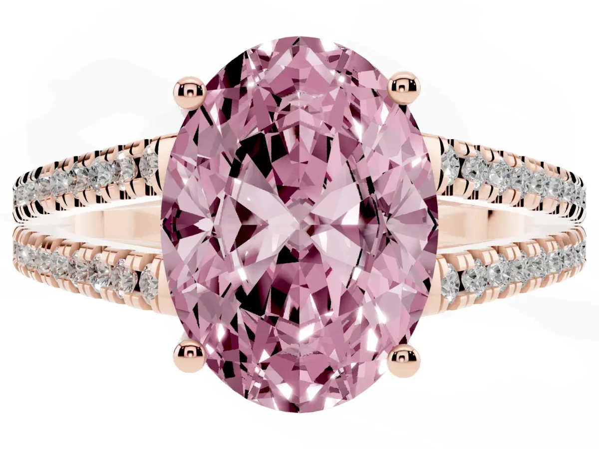 Fancy Pink Oval Cut Diamond Solitaire Engagement Ring with Split Shank Pavé Band Rose gold
