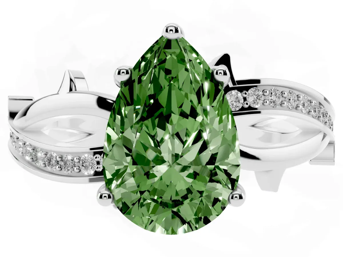Fancy Green Pear Cut Solitaire Twist Band with Pavé Accents and Four-Prong Setting Silver