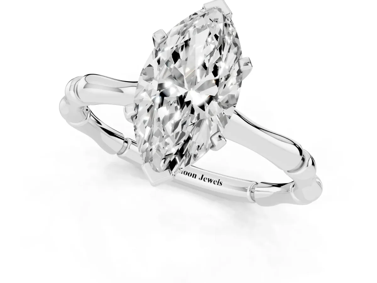 Marquise Cut Solitaire Diamond Ring with Bamboo Band and Four-Prong Setting Silver