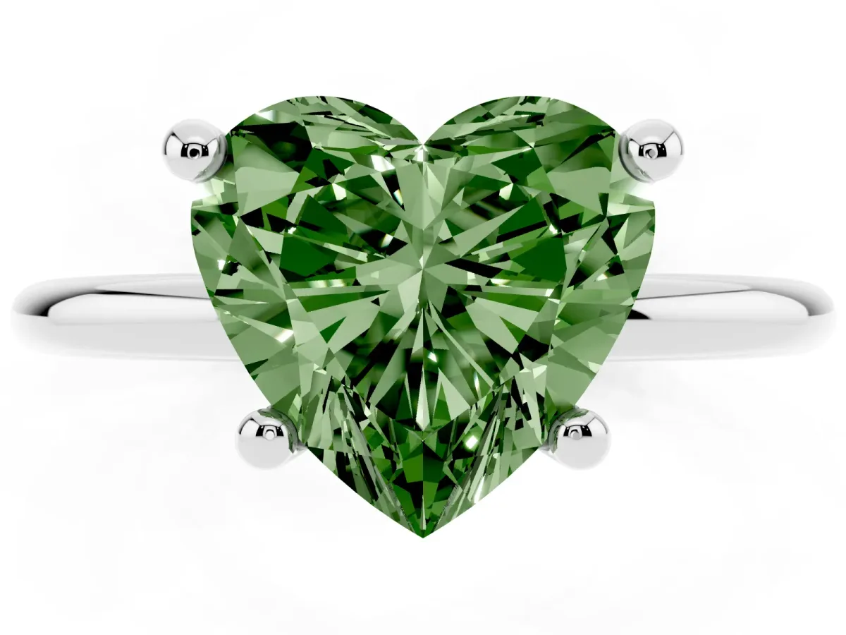 Fancy Green Heart Cut Solitaire Diamond Ring with 4-Prong Setting on a Classic Band Silver