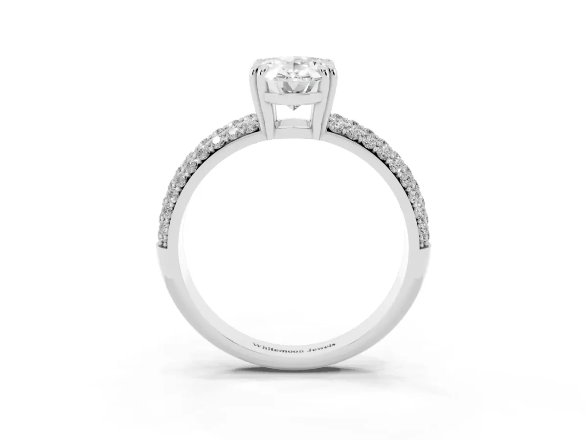 Oval Cut Diamond Solitaire Ring with Multi-Row Round Pavé Band and Prong Setting Silver