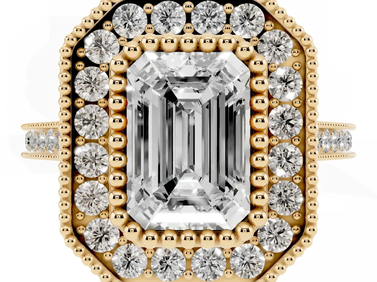 Emerald Cut Diamond Halo Ring with Milgrain Frame and Pavé Band Yellow gold