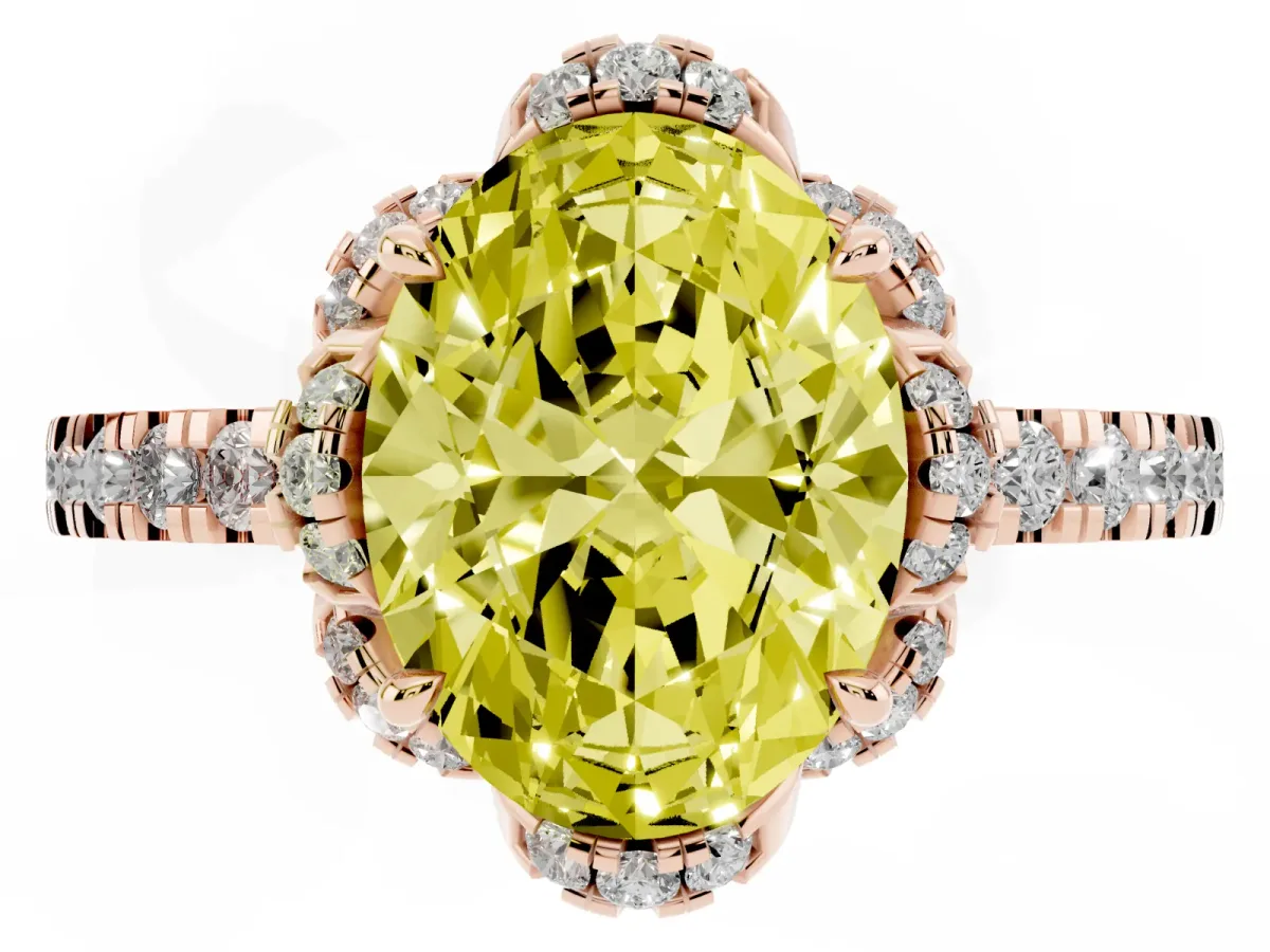 Fancy Yellow Oval Cut Diamond Halo Pave Band with Four-Prong Setting Rose gold