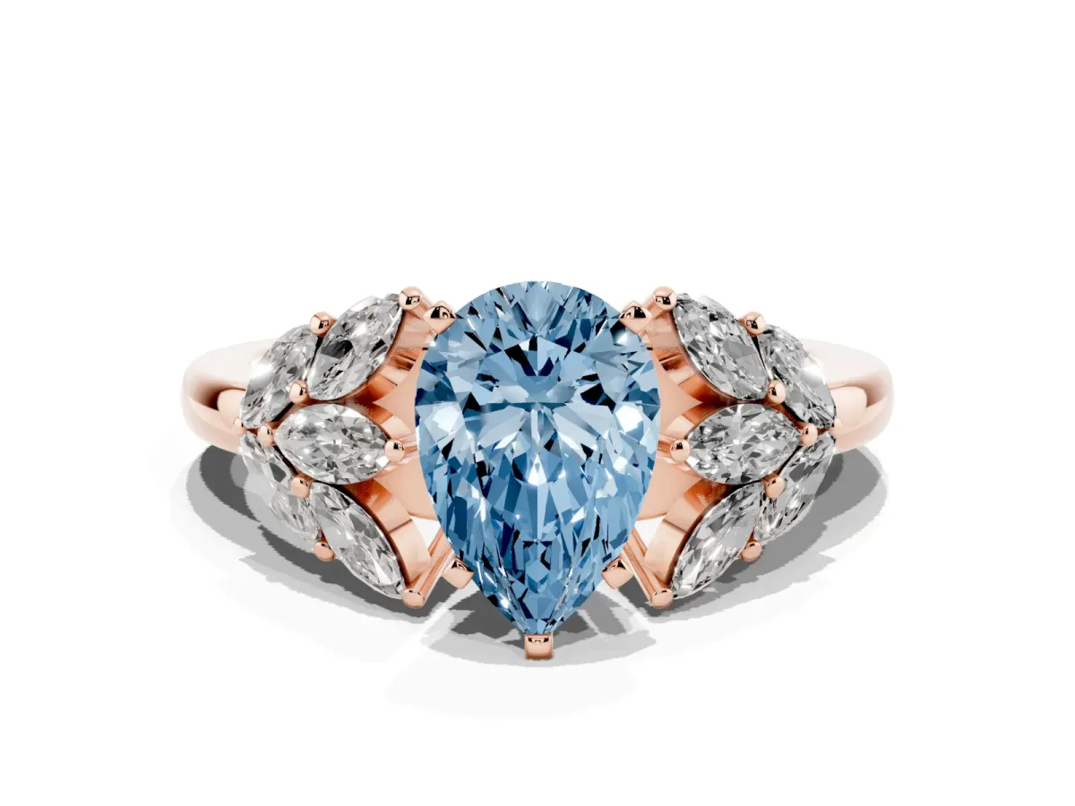 Fancy Blue Pear Cut Diamond Cluster Leaf Design Ring with Prong Setting Rose gold