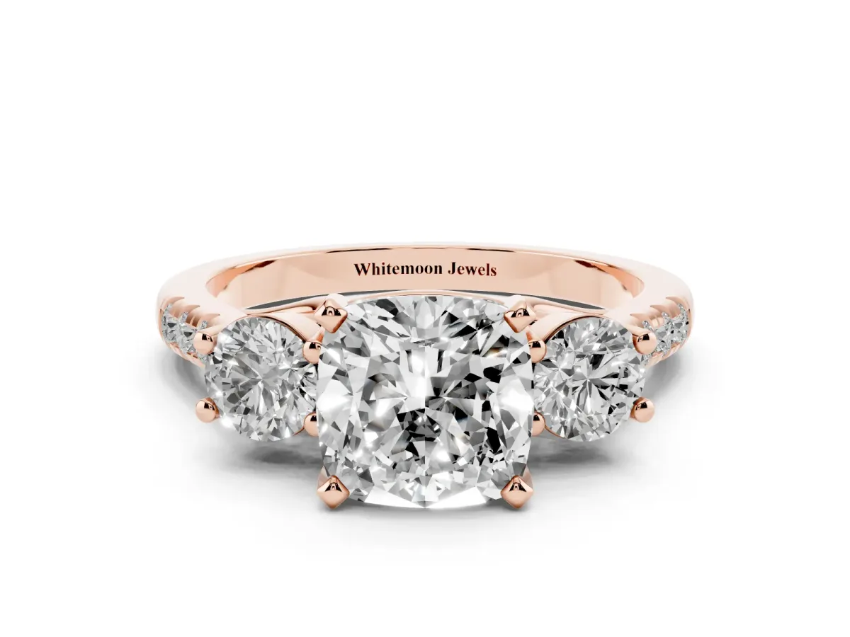 Three-Stone Cushion Cut Diamond Pavé Band with Four-Prong Setting Rose gold