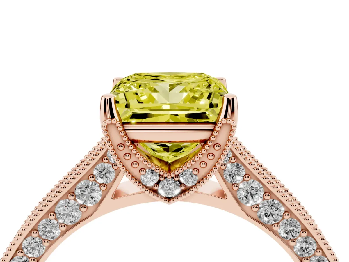 Fancy Yellow Princess Cut Cut Diamond Solitaire Ring with Milgrain Pave Band and Four Prong Setting Rose gold