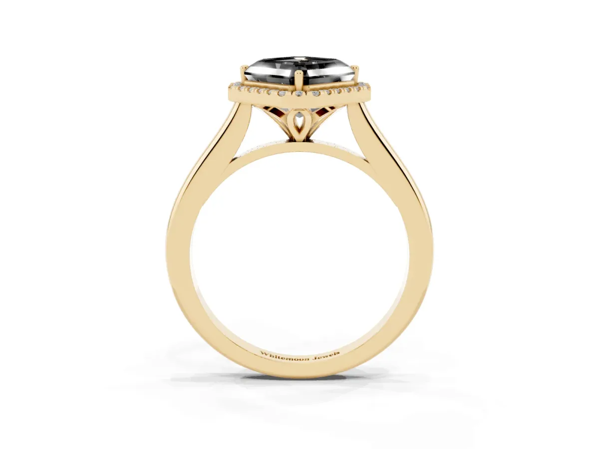 Fancy Black Asscher Cut Halo Round Diamond Solitaire Engagement Ring with Pave Band and Four-Prong Setting Yellow gold