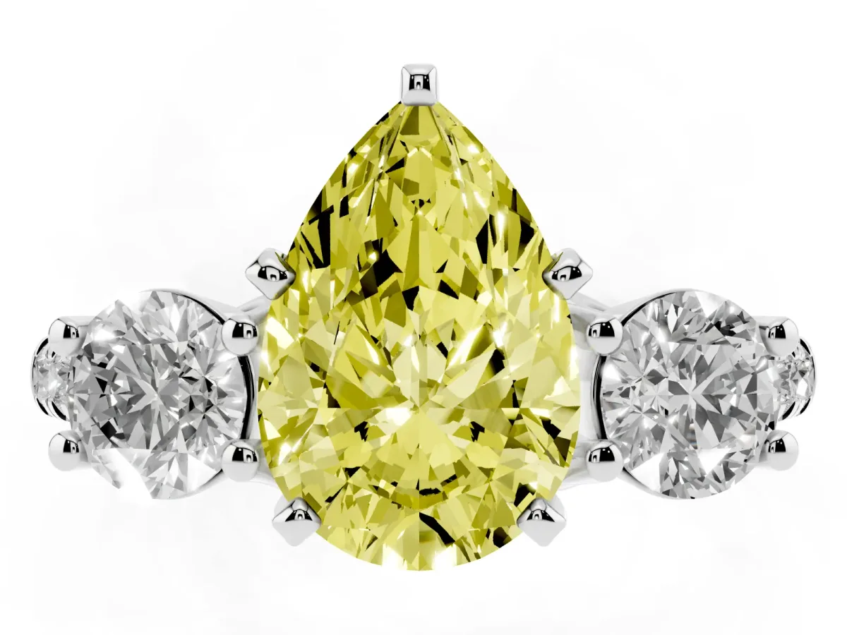 Fancy Yellow Three-Stone Pear Cut Diamond Pavé Band with Four-Prong Setting Platinum