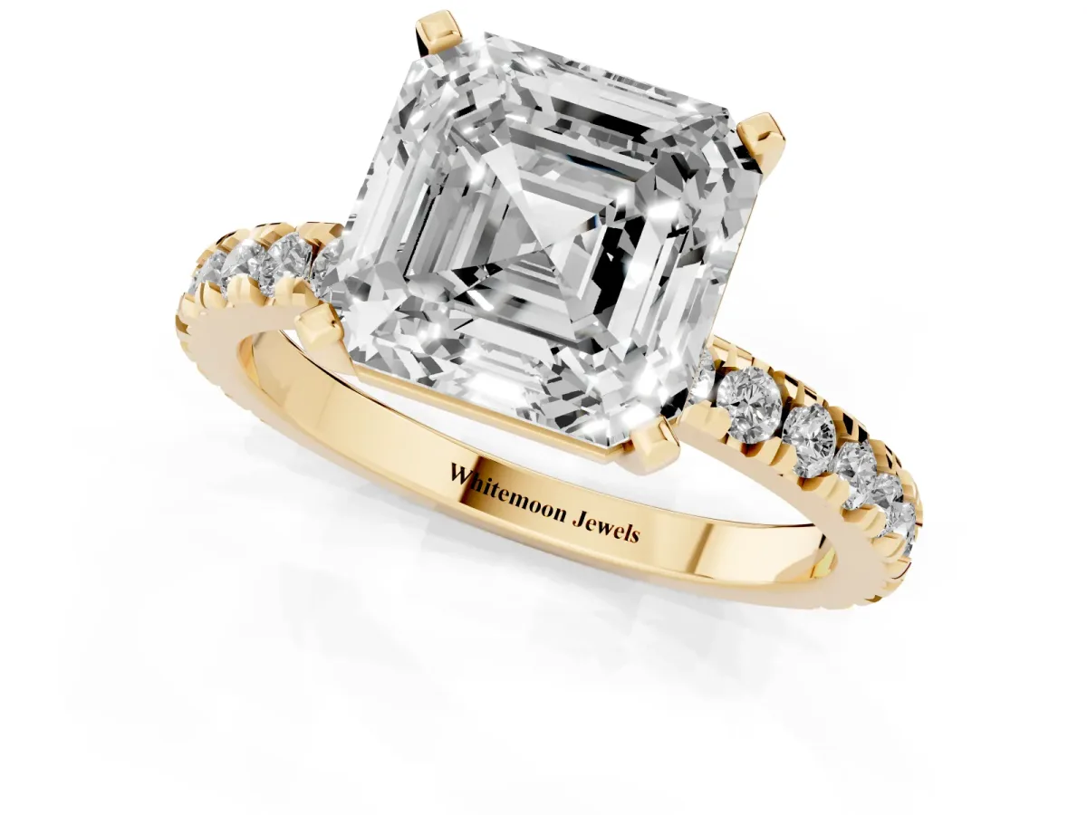 Asscher Cut Diamond Pavé Band Solitaire with Four-Prong Setting Yellow gold