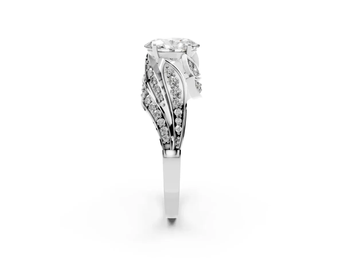 Oval Cut Diamond Solitaire Ring with Prong Setting and Twisted Pavé Band Silver