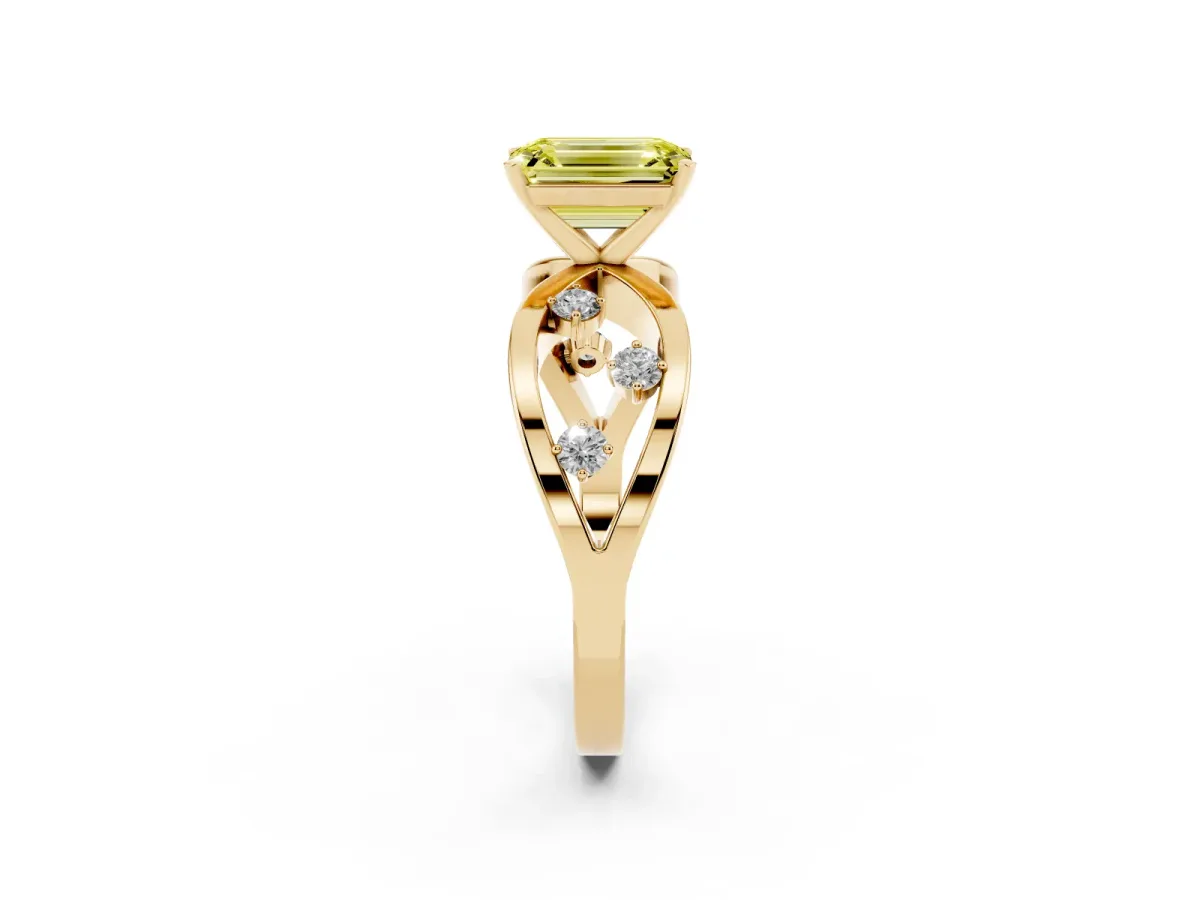 Fancy Yellow Emerald Cut Cut Solitaire Diamond with Side Stones on Criss-Cross Band and Four-Prong Setting Yellow gold