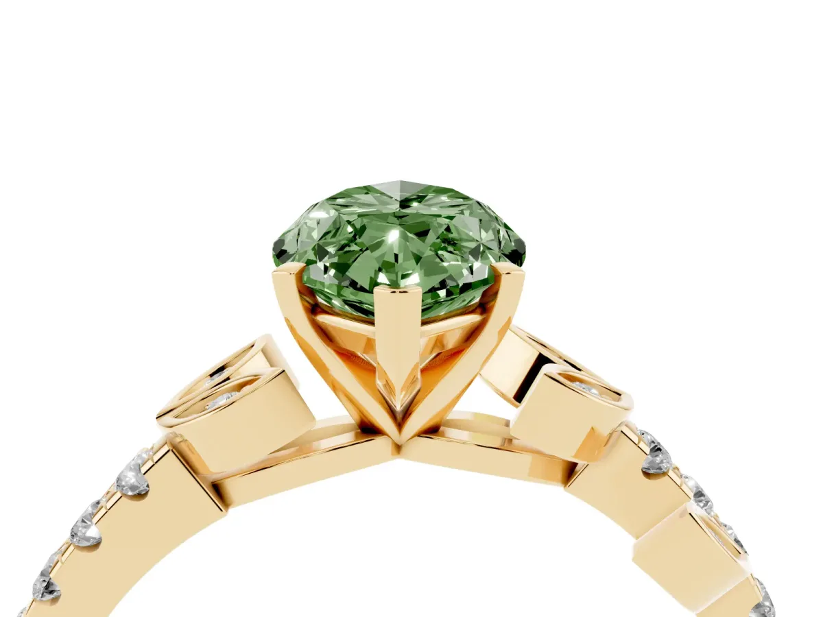 Fancy Green Marquise Cut Solitaire Leaf-Inspired Diamond Ring with Pavé Band and Four-Prong Setting Yellow gold