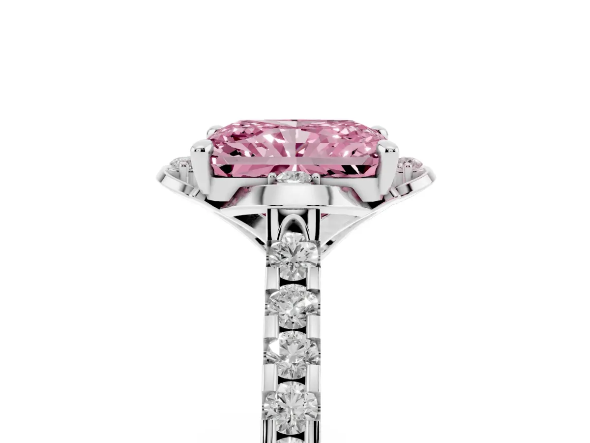 Fancy Pink Radiant Cut Diamond Ring with Pavé Band and Floral Prong Setting Platinum