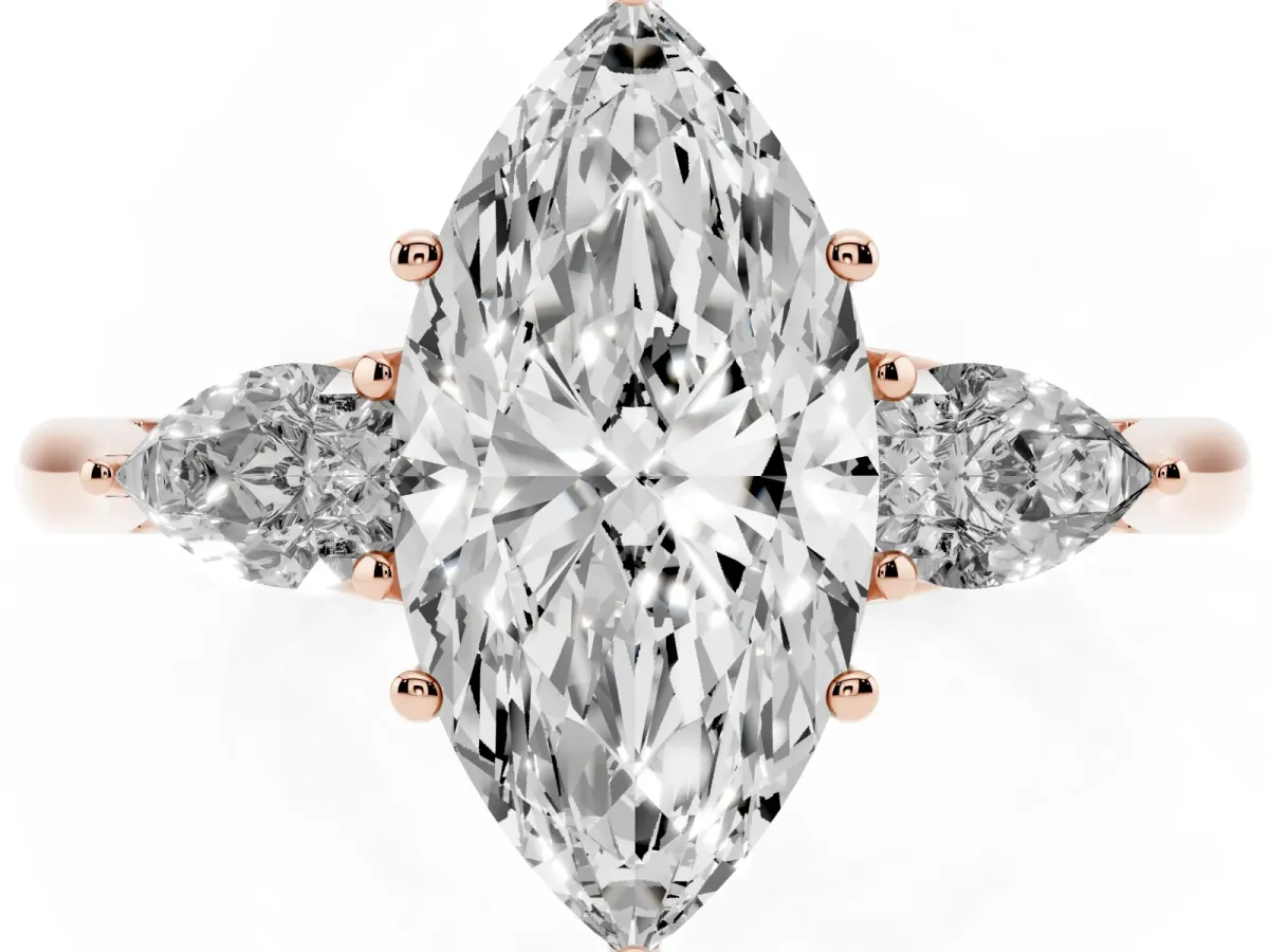Marquise Cut Diamond Three-Stone Ring with Pear Side Stones and Prong Setting Rose gold