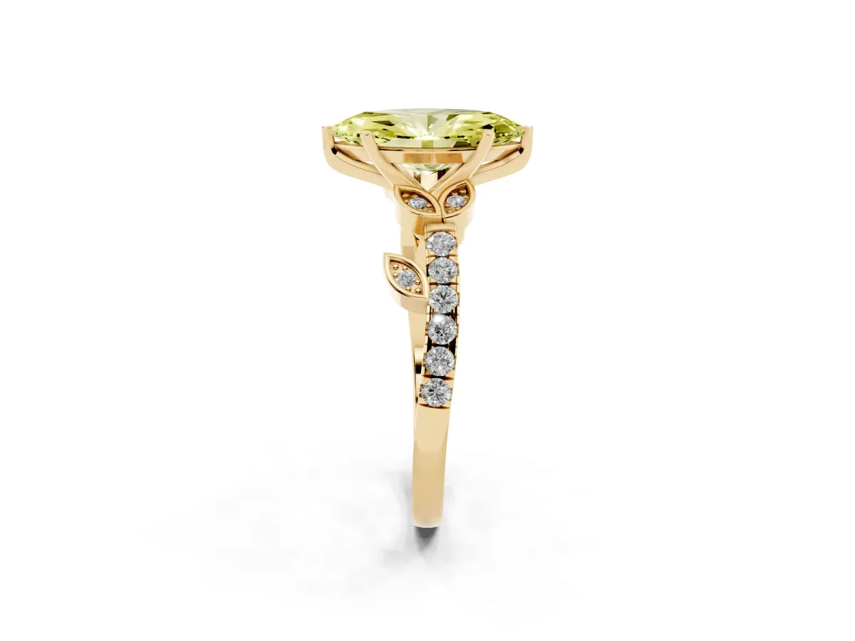 Fancy Yellow Marquise Cut Solitaire Leaf-Inspired Diamond Ring with Pavé Band and Four-Prong Setting Yellow gold