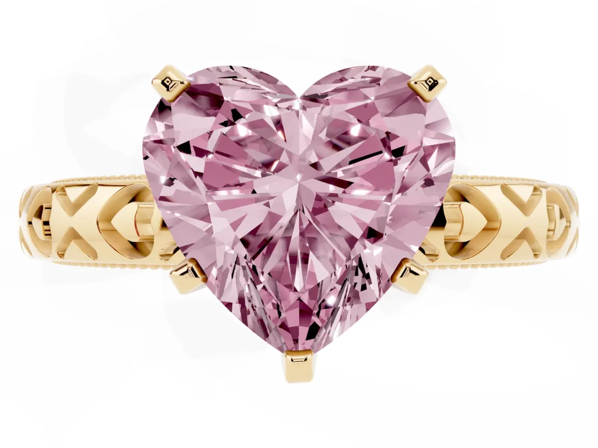 Fancy Pink Heart Cut Solitaire Diamond Engagement Ring with XO Engraved Band and Four-Prong Setting Yellow gold