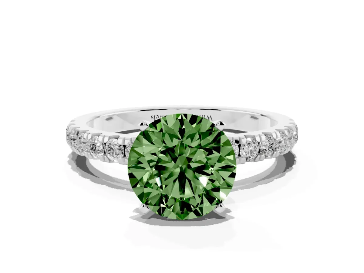 Fancy Green Round Cut Diamond Solitaire Ring with Pavé Accents and Four-Prong Setting White gold