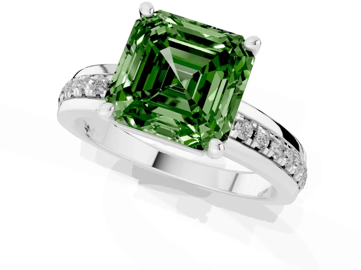 Fancy Green Asscher Cut Solitaire Diamond Ring with Channel Set Band and Six-Prong Setting Platinum