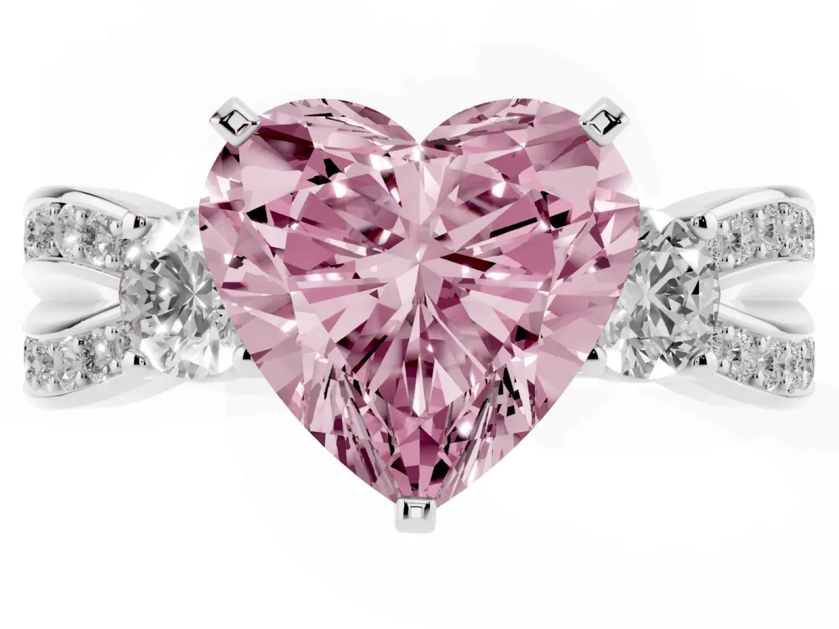 Fancy Pink Three-Stone Heart Cut Cut Diamond Twist Band with Prong Setting Silver