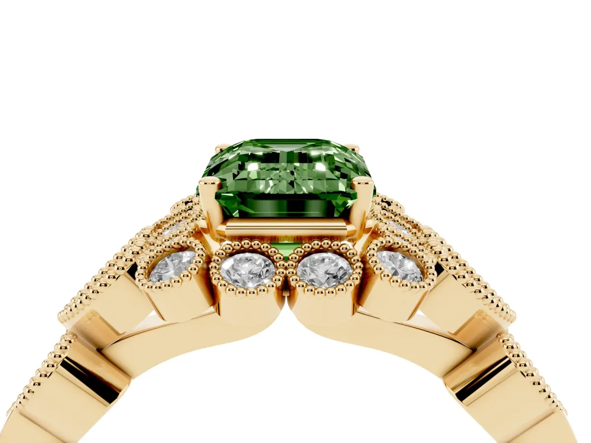 Fancy Green Emerald Cut Brilliant Milgrain Pave Heart Band Solitaire Ring Yellow gold