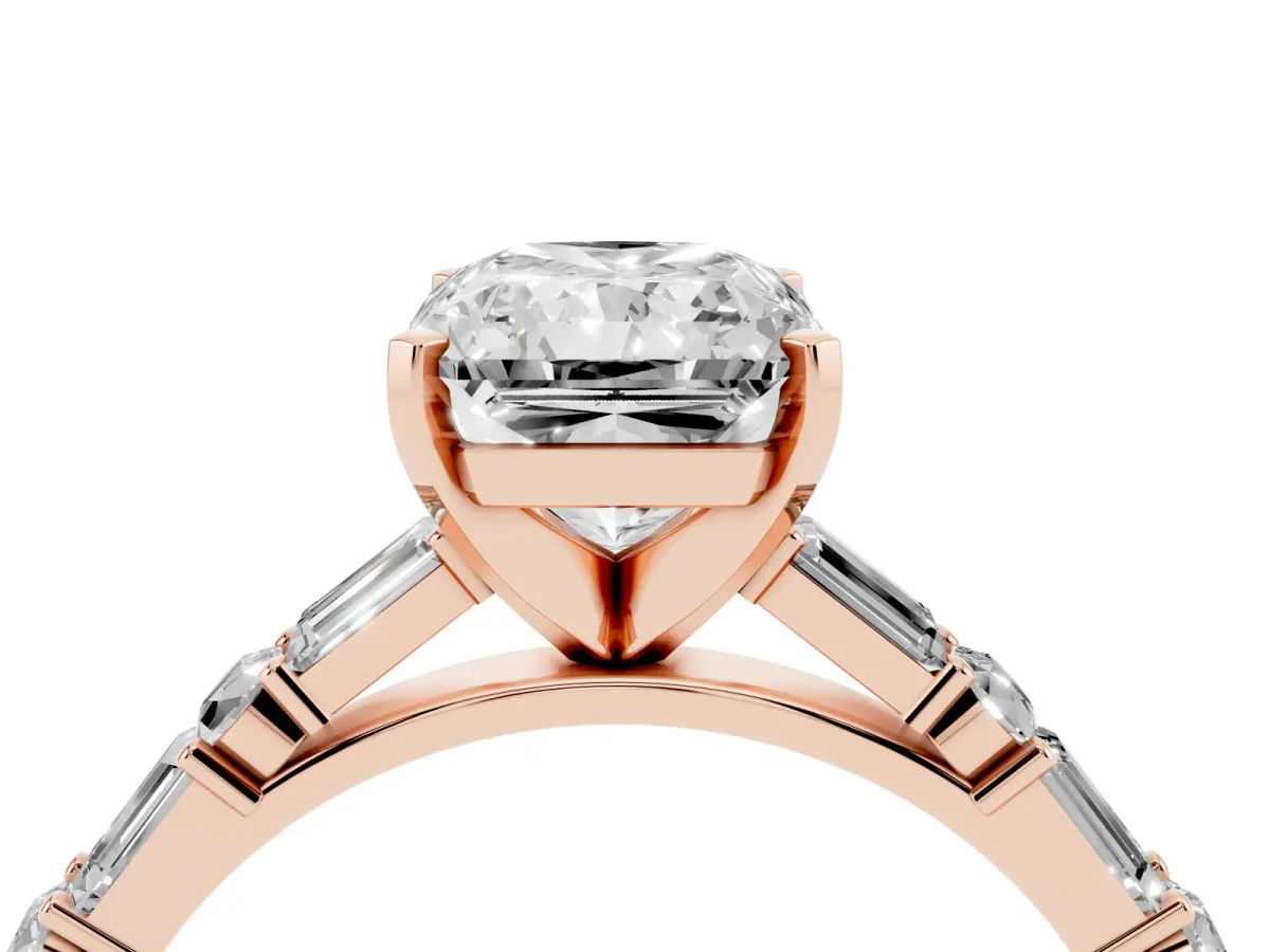 Radiant Cut Diamond Solitaire with Side Baguettes and Channel Set Band Rose gold