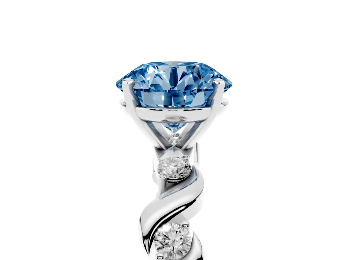 Fancy Blue Round Cut Diamond Solitaire Twisted Band with Round Accents and Prong Setting Silver