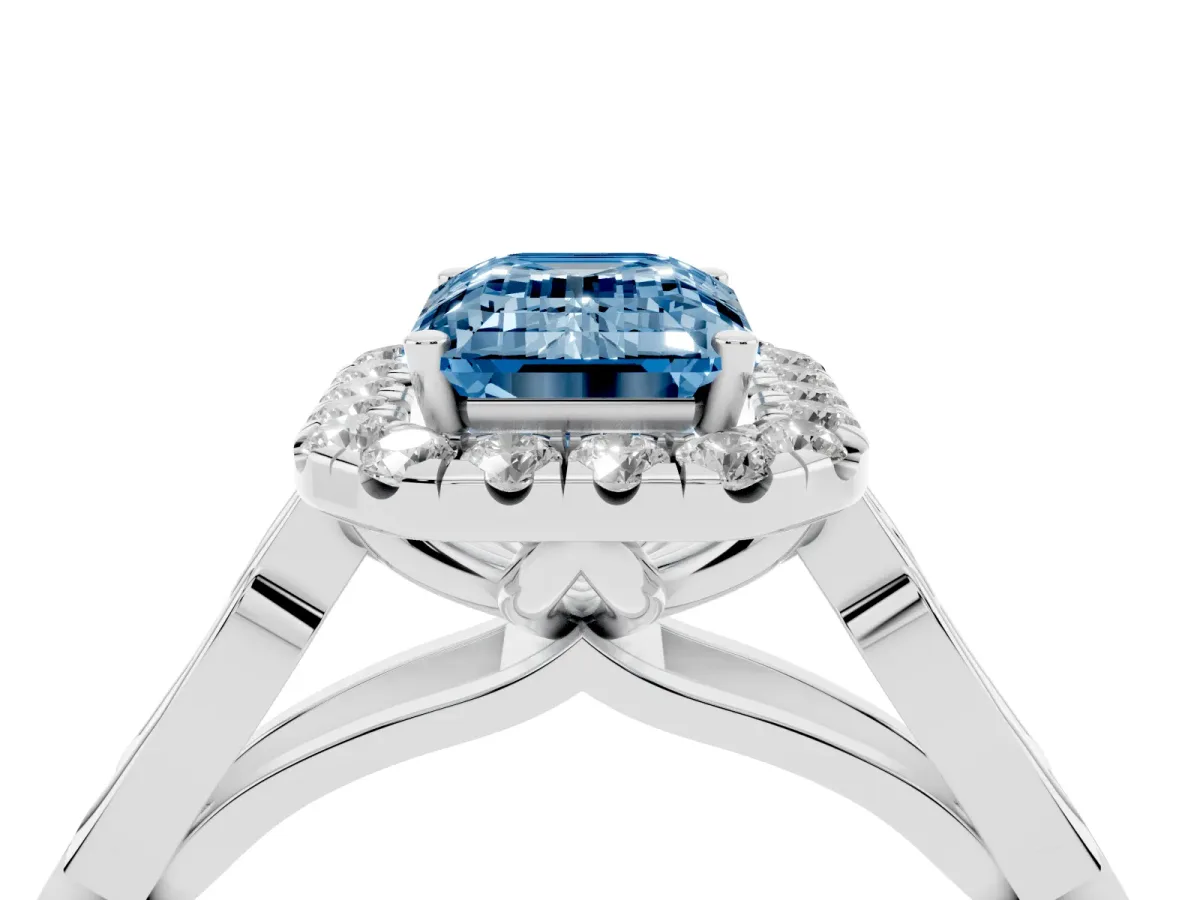 Fancy Blue Emerald Cut Halo Diamond Engagement Ring with Filigree Band and Four-Prong Setting Platinum