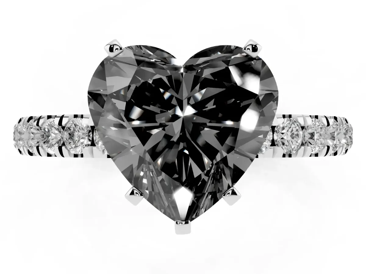 Fancy Black Heart Cut Diamond Solitaire Ring with Pavé Accents and Four-Prong Setting Platinum
