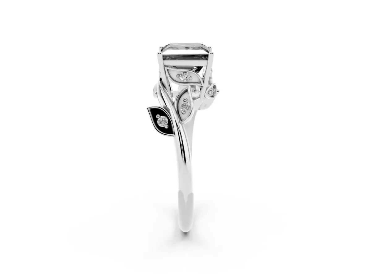 Fancy Black Princess Cut Solitaire Twist Engagement Ring with Leaf Accents and Prong Setting White gold
