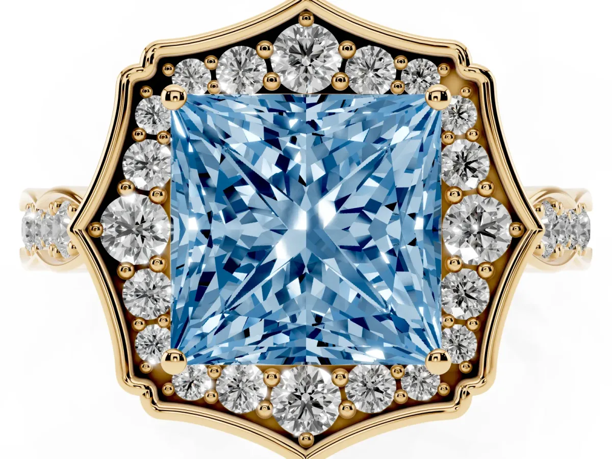 Fancy Blue Princess Cut Halo Diamond Engagement Ring with Milgrain Band and Four-Prong Setting Yellow gold
