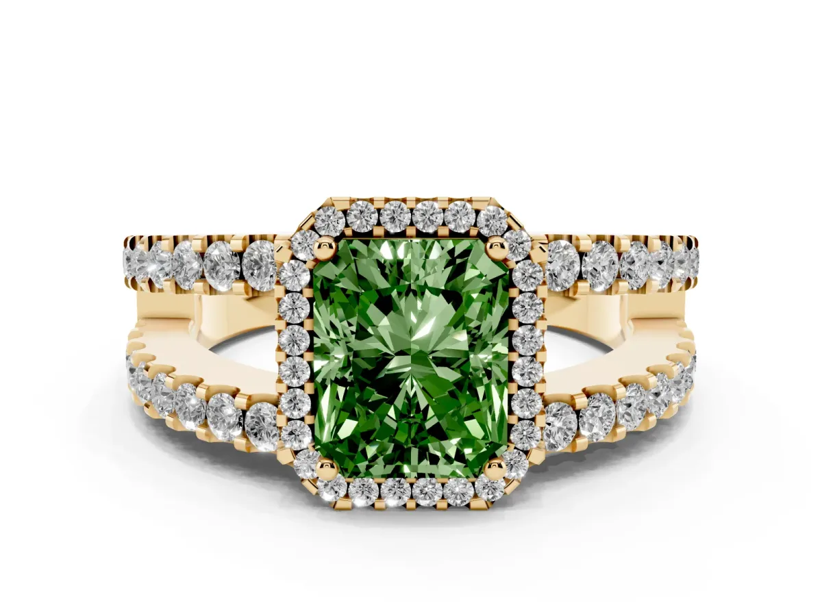 Fancy Green Radiant Cut Cut Halo Split Shank Diamond Ring with Four-Prong Setting Yellow gold