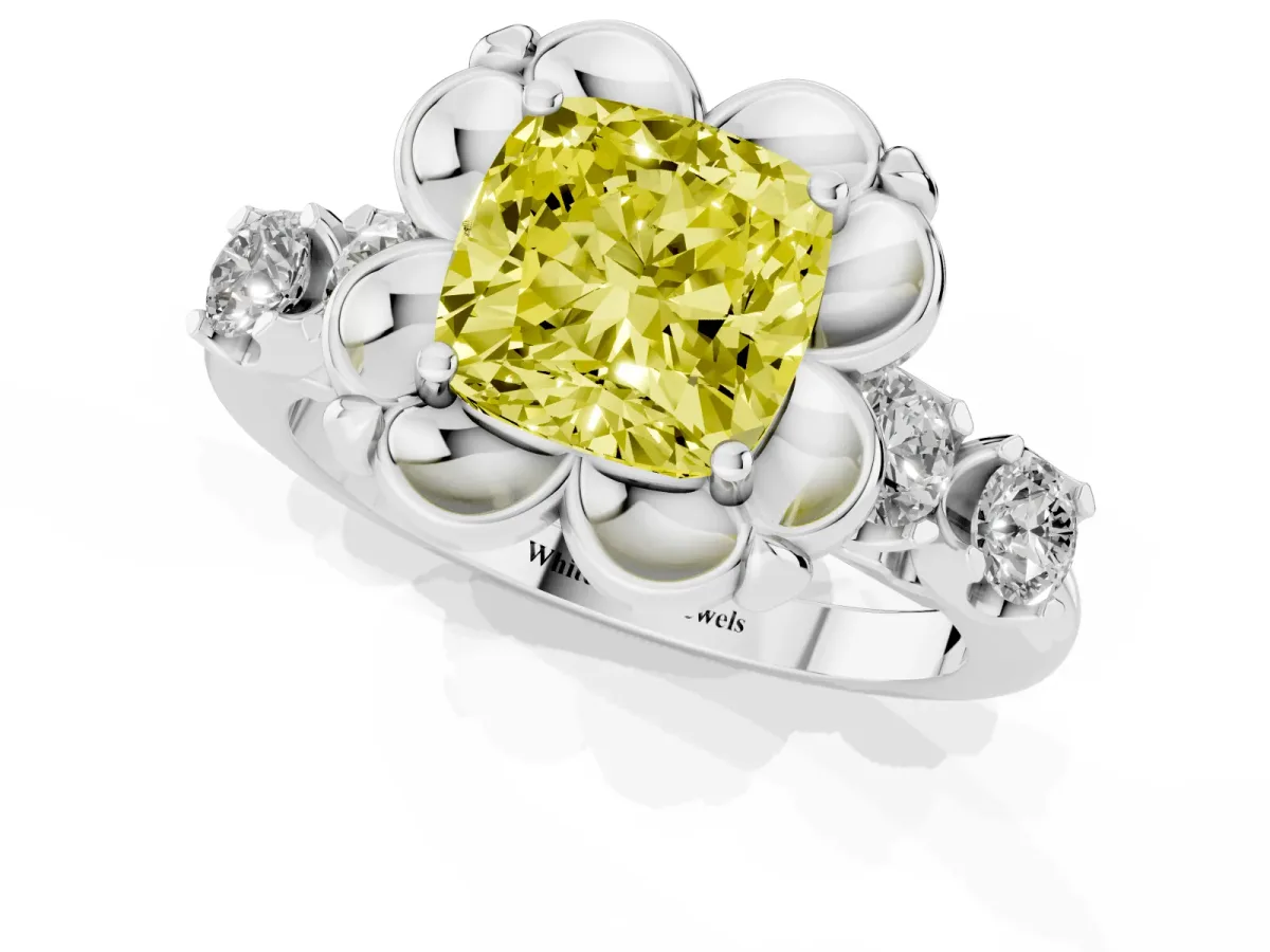 Fancy Yellow Cushion Cut Cut Diamond Floral Halo Engagement Ring with Shared Prong Setting Silver