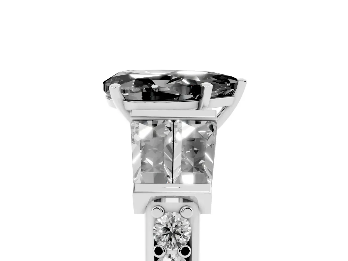 Fancy Black Pear Cut Diamond Engagement Ring with Baguette Side Stones and Channel Set Band Silver