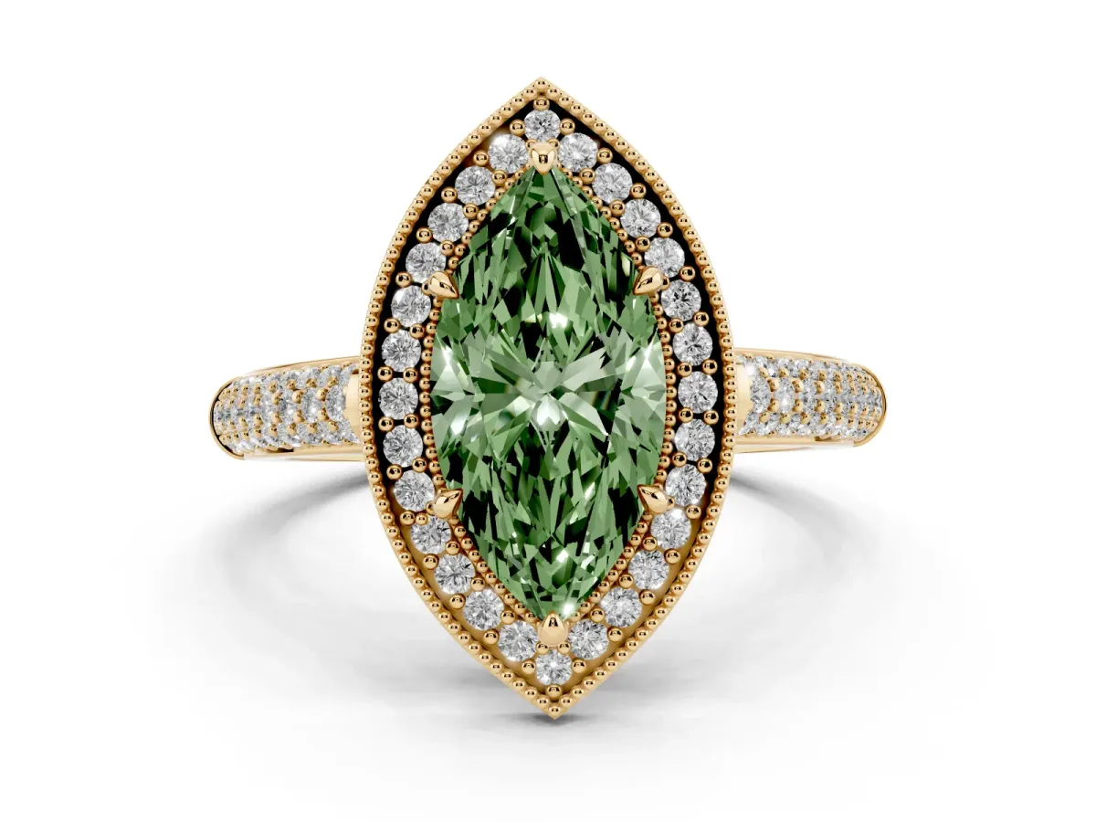 Fancy Green Marquise Cut Cut Halo Diamond Pave Band with Four-Prong Setting Yellow gold