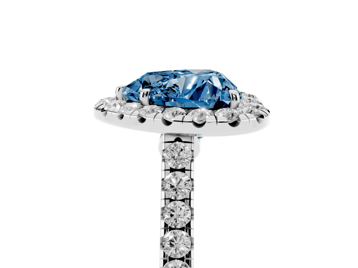 Fancy Blue Heart Cut Halo Pave Diamond Engagement Ring with Four-Prong Setting Platinum