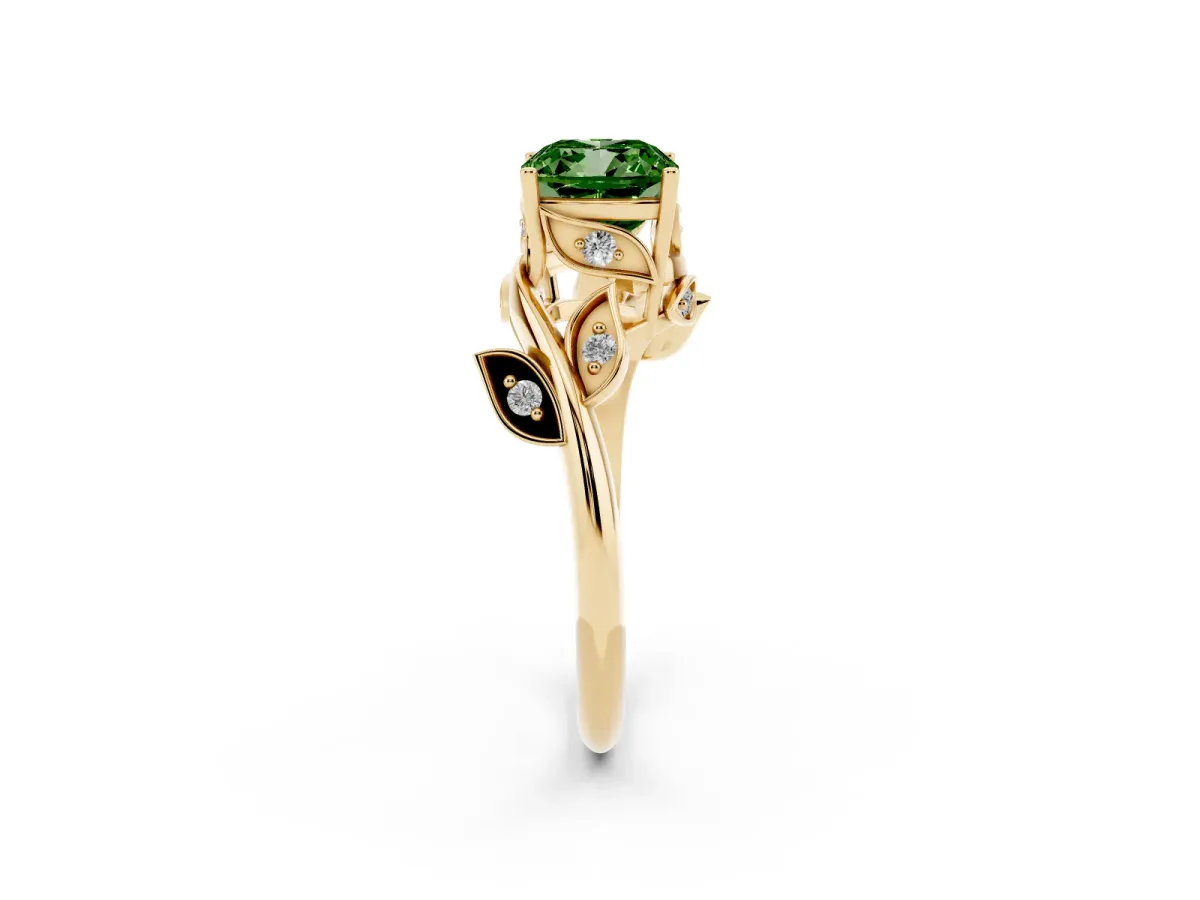 Fancy Green Cushion Cut Solitaire Twist Engagement Ring with Leaf Accents and Prong Setting Yellow gold