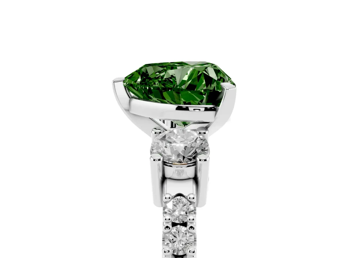 Fancy Green Heart Cut Three-Stone Diamond Pavé Band with Prong Setting Platinum