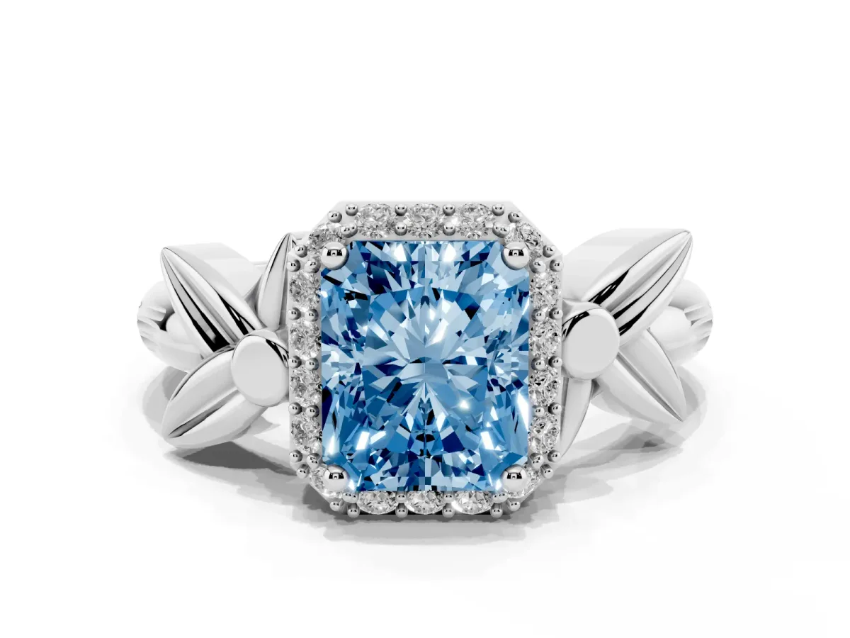 Fancy Blue Radiant Cut Halo Diamond Floral Band with Four-Prong Setting White gold