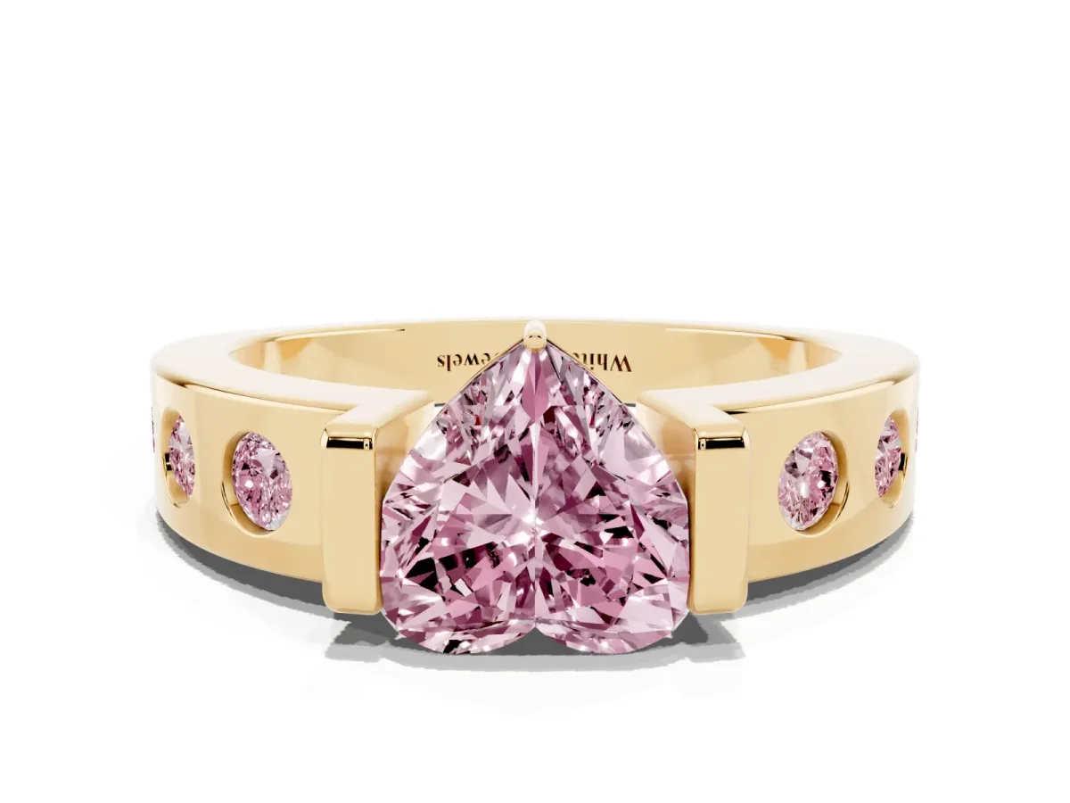 Fancy Pink Heart Cut Brilliant Channel-Set Diamond Ring with Bezel Prong Setting Yellow gold