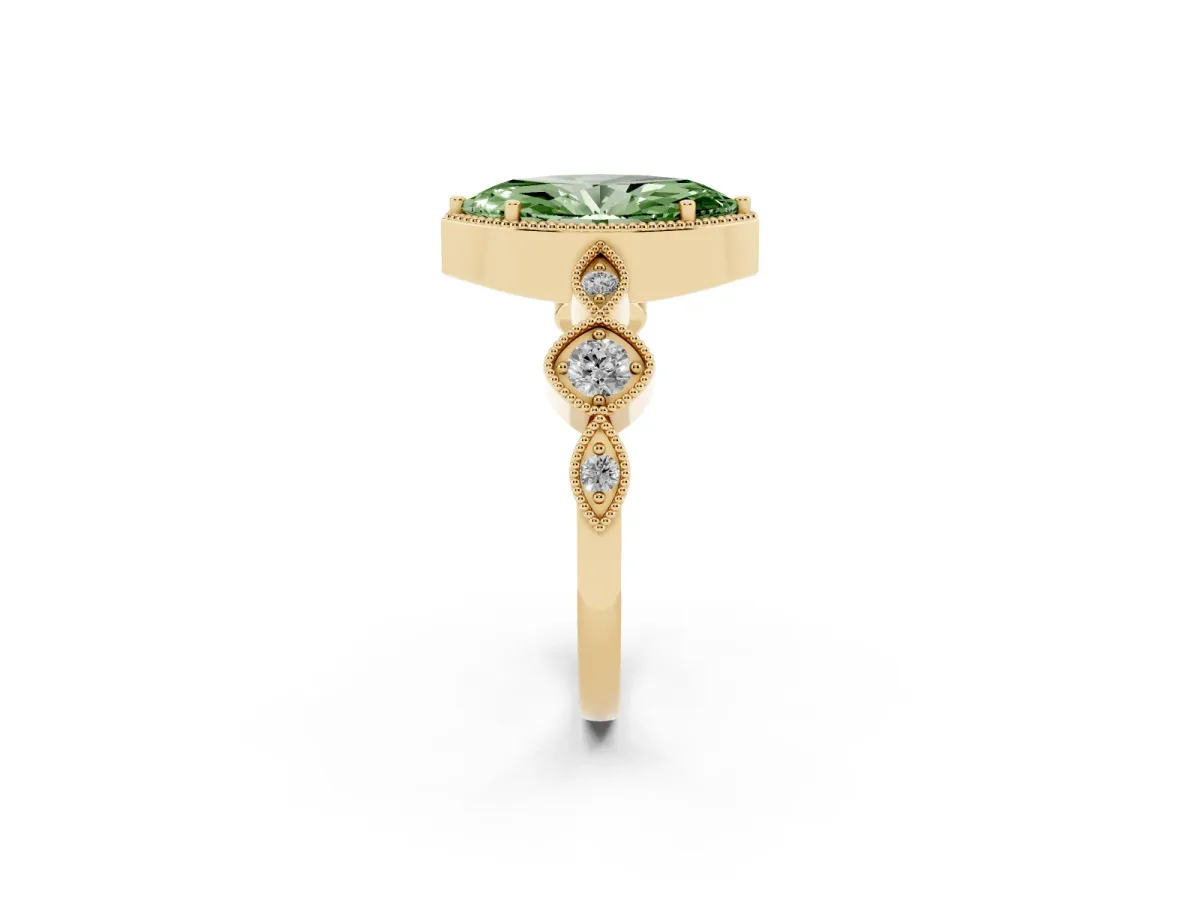 Fancy Green Marquise Cut Diamond Vintage Milgrain Ring with Round Stations Yellow gold