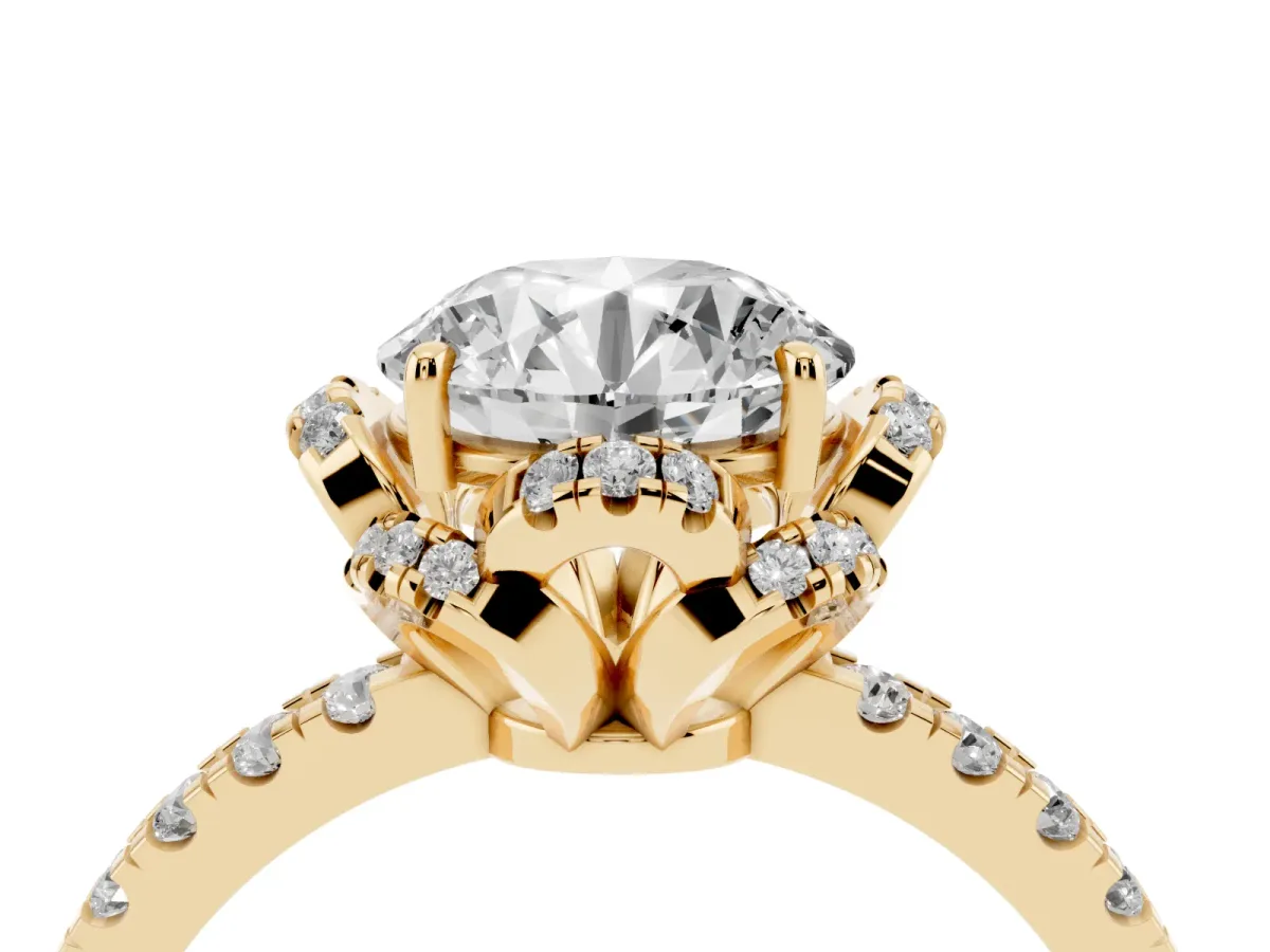 Round Cut Halo Diamond Pave Band Ring with Four-Prong Setting Yellow gold