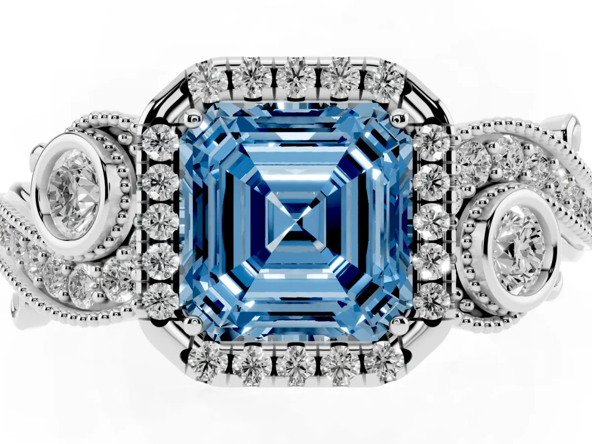 Fancy Blue Asscher Cut Halo Diamond Ring with Milgrain and Bezel Accents on a Split Shank Band Platinum
