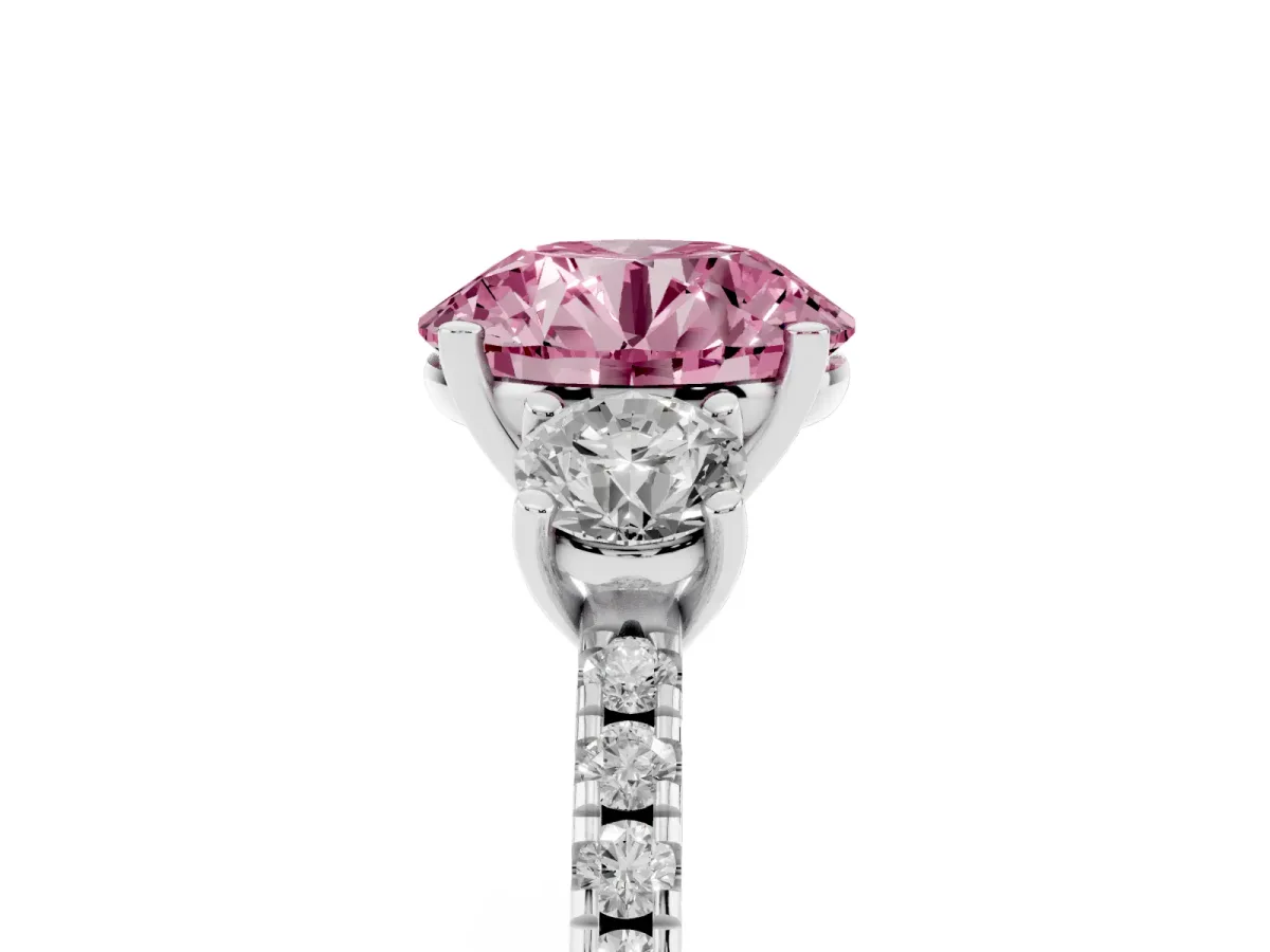 Fancy Pink Three-Stone Round Cut Cut Diamond Pavé Band with Prong Setting Silver