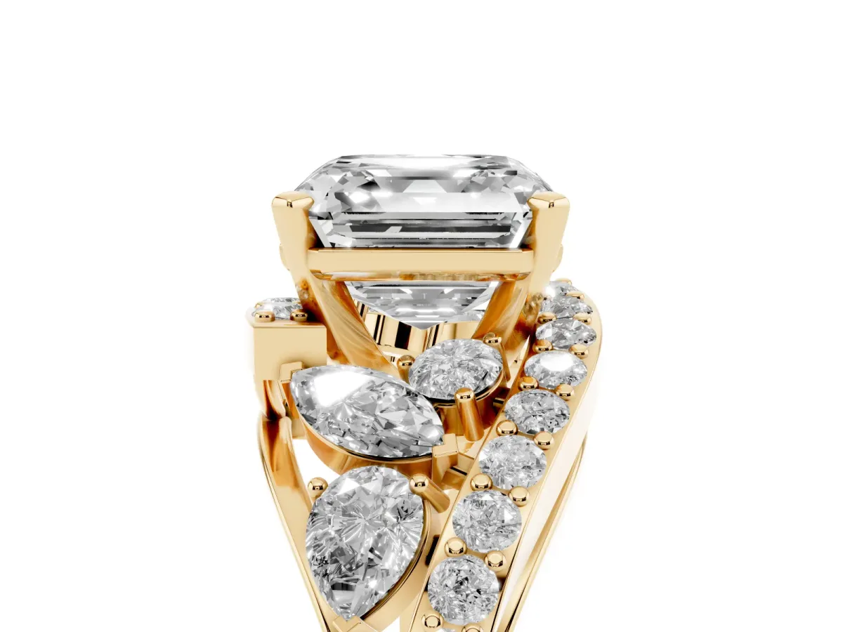 Asscher Cut Diamond Halo Ring with Marquise and Pavé Band in Prong Setting Yellow gold