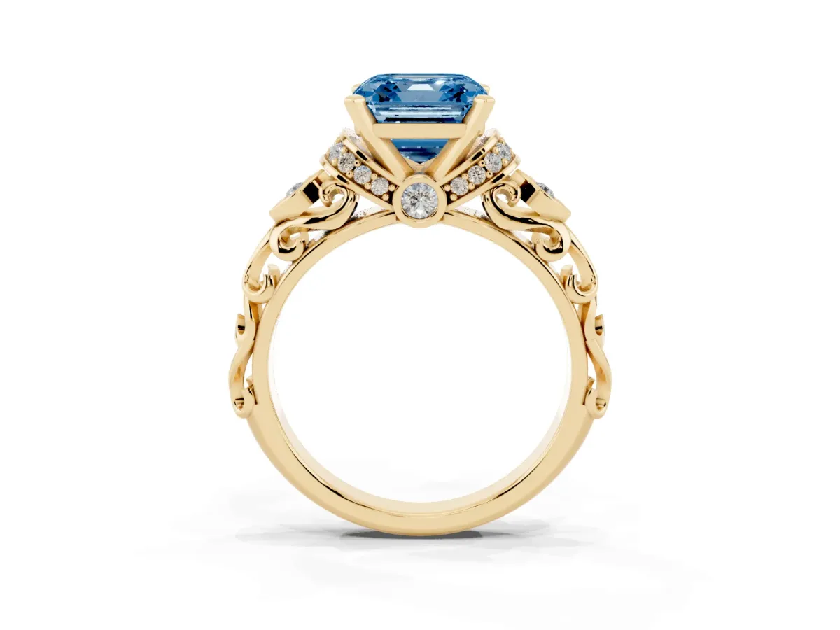 Fancy Blue Asscher Cut Diamond Solitaire Ring with Filigree Band and Four-Prong Setting Yellow gold
