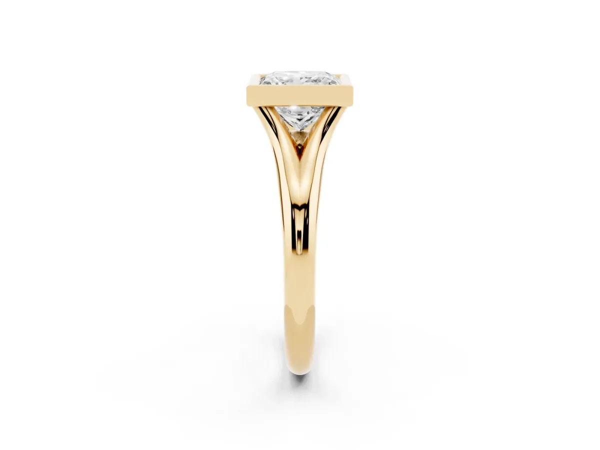 Bezel Set Princess Cut Solitaire Diamond Ring with Smooth Band Yellow gold