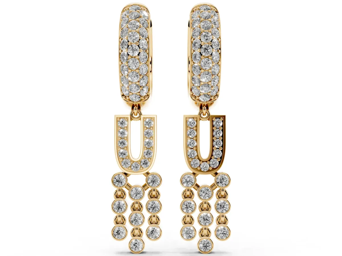 Round Diamond Initial U Huggie Hoop Earrings Yellow gold