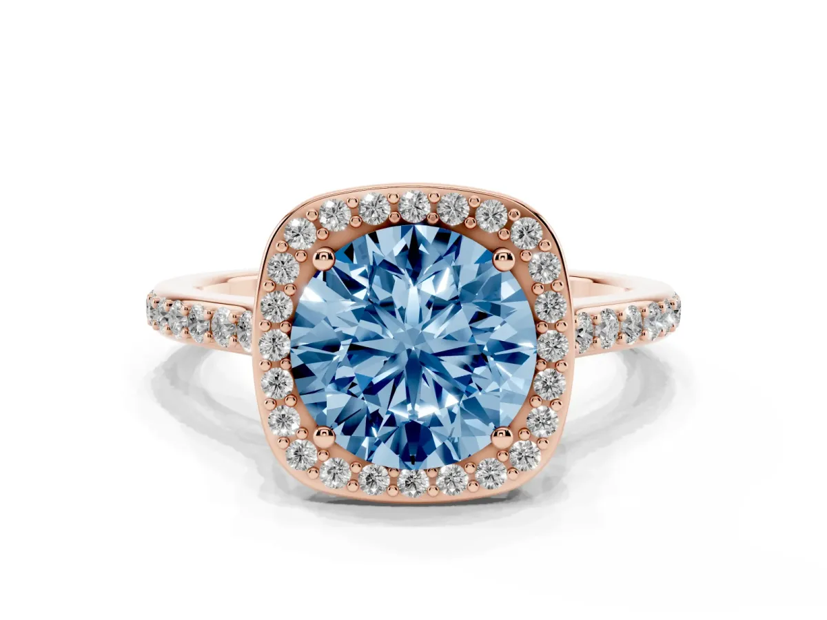 Fancy Blue Round Cut Diamond Halo Engagement Ring with Round Pavé Shoulders and Prong Setting Rose gold