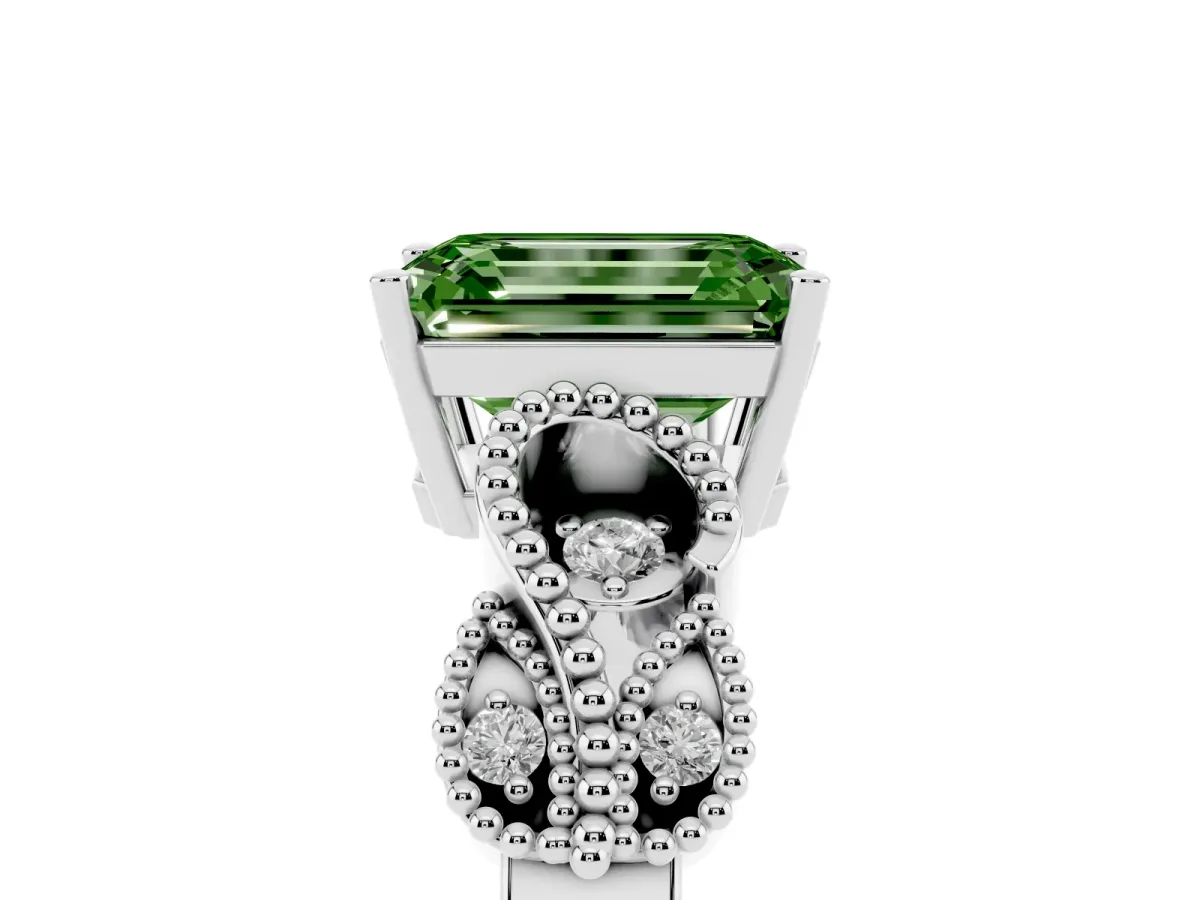 Fancy Green Emerald Cut Solitaire Milgrain Leaf Band with Prong Setting Silver